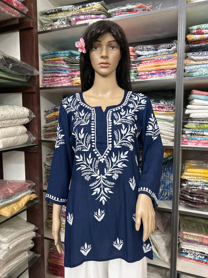 Lucknowi Chikankari Navy Blue 'Aab-e-Asmaan' Rayon Short Kurti-T000062