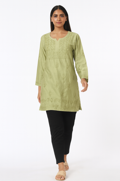 Lucknowi Chikankari Green 'Bahar' Chanderi Short Kurti-T20006