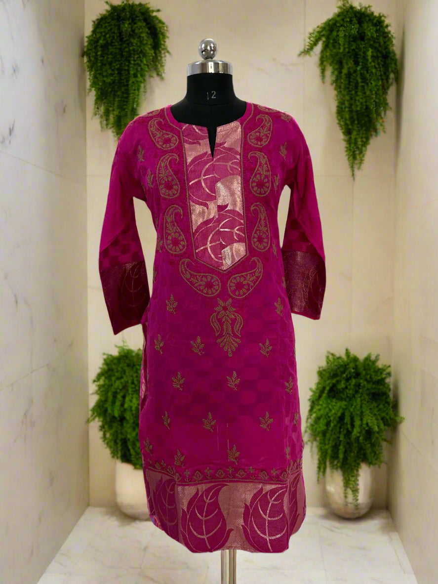 Lucknowi Chikankari Magenta Chanderi Kurti-PE00003