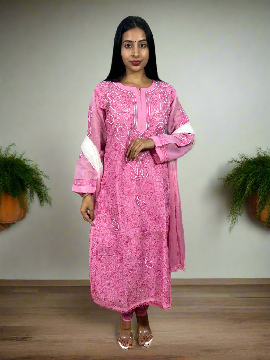 Lucknowi Chikankari Pink Cotton 3 Piece Kurta-Chudidar Pyjama-Dupatta Set-PJ00006