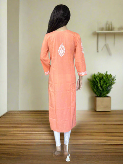 Lucknowi Chikankari Orange Cotton Kurti-K000115