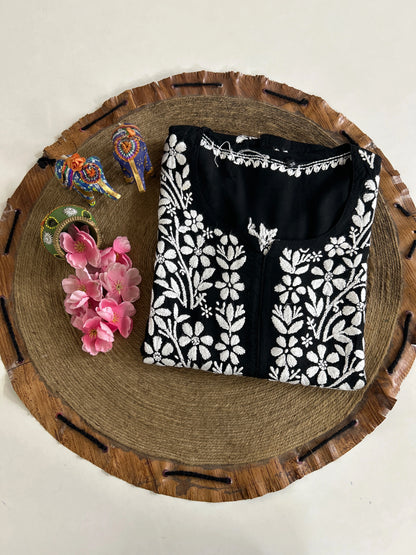 Lucknowi Chikankari Black Modal Kurti-K000137