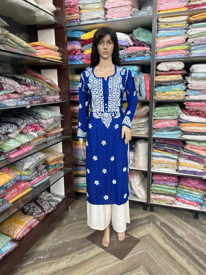 Lucknowi Chikankari Blue 'Aab-e-Asmaan' Rayon Kurti-K000087