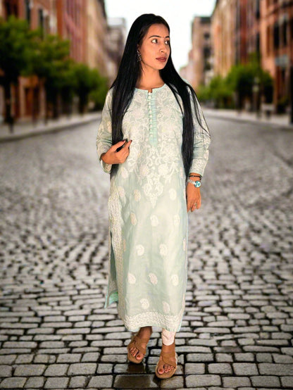 Lucknowi Chikankari Green Cotton Kurti-K000057