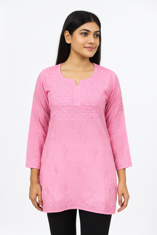 Lucknowi Chikankari Pink 'Shagufta' Cotton Short Kurti-T30016
