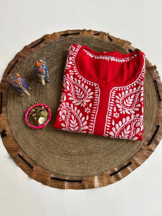 Lucknowi Chikankari Red Rayon Kurti-K000169