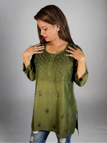 Lucknowi Chikankari Mahendi Green Chanderi Short Kurti-T000001