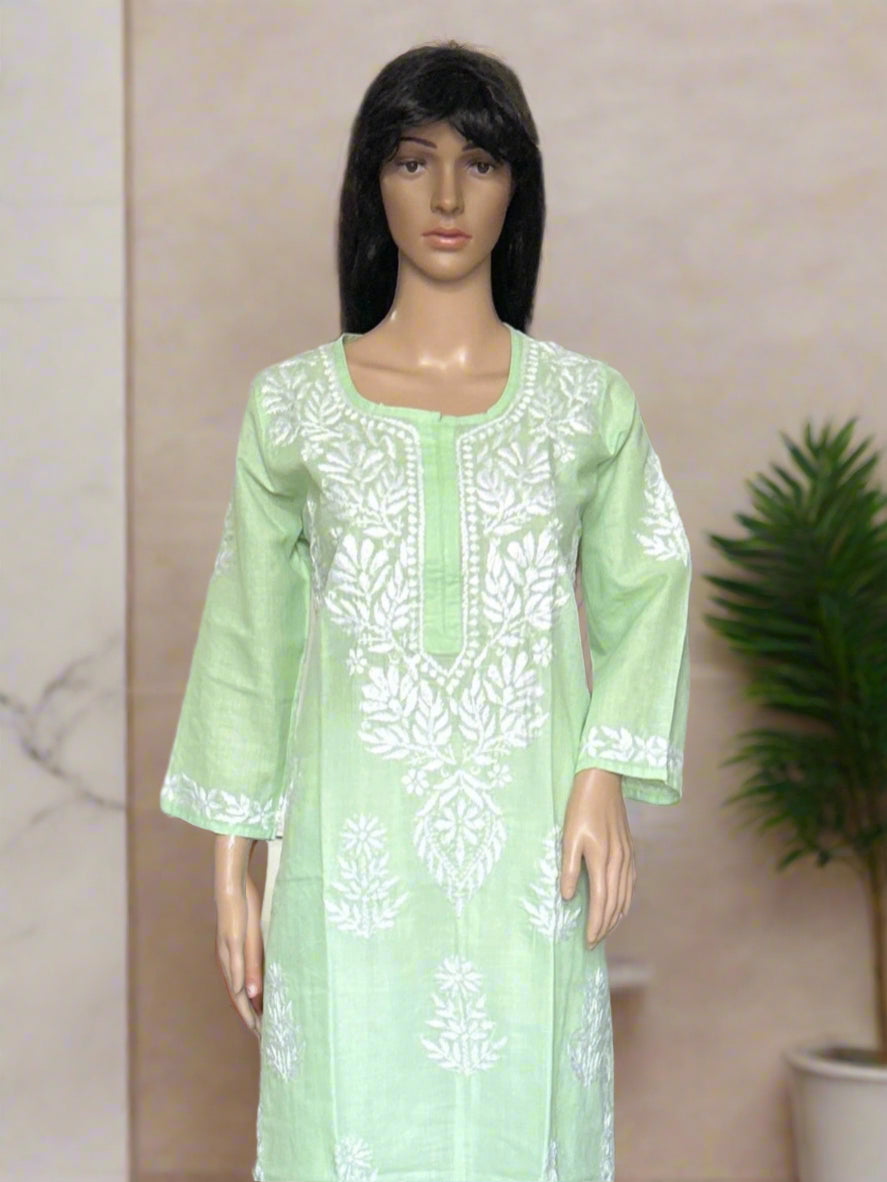 Lucknowi Chikankari Green Cotton Kurti-K000110