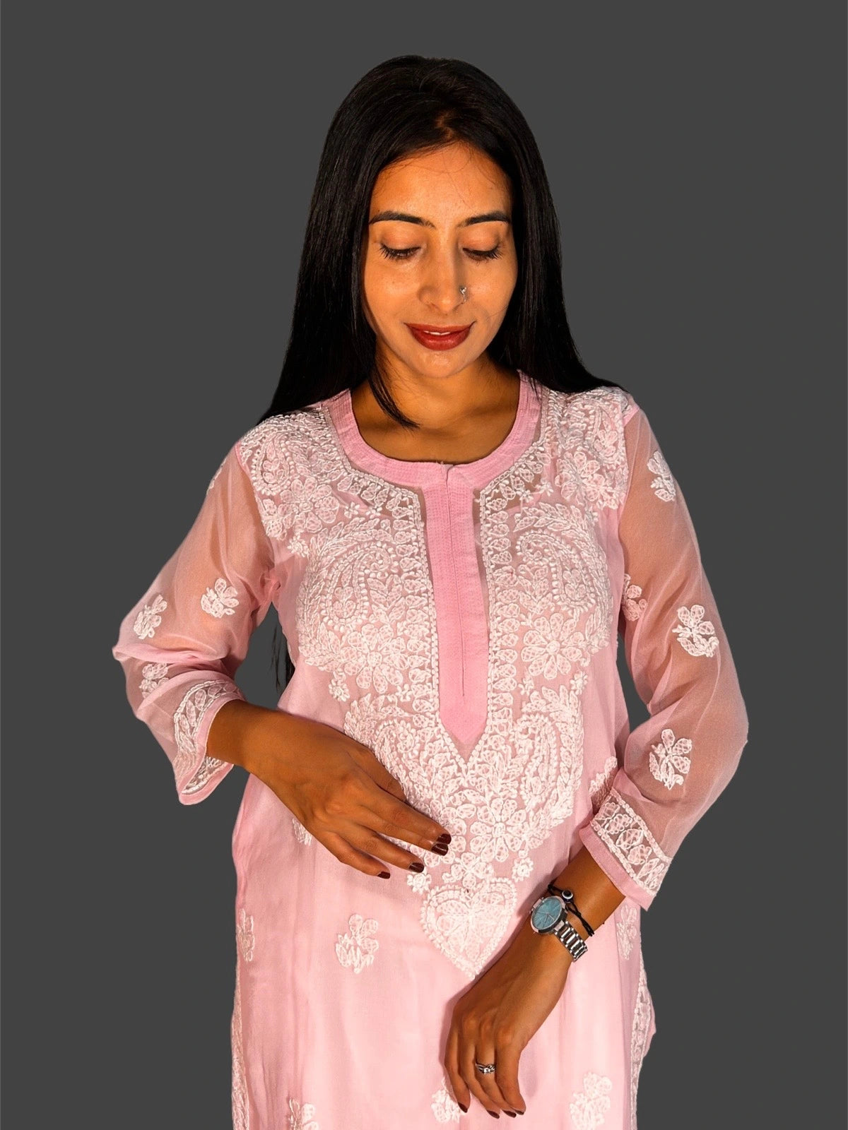 Lucknowi Chikankari Pink 'Shagufta' Georgette Kurti-K000047