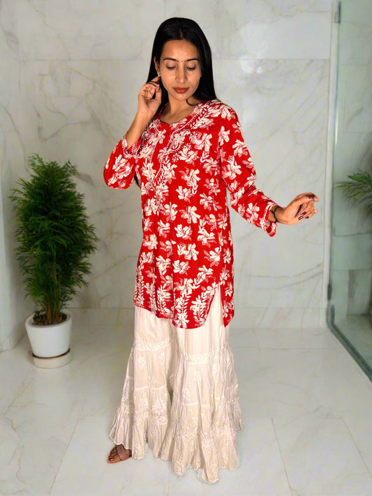 Lucknowi Chikankari Red Printed Cotton Short Kurti-T000020