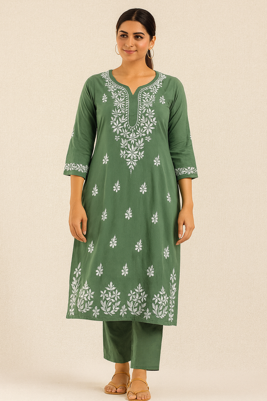 Lucknowi Chikankari Green 'Bahar' Modal Kurti-K000185