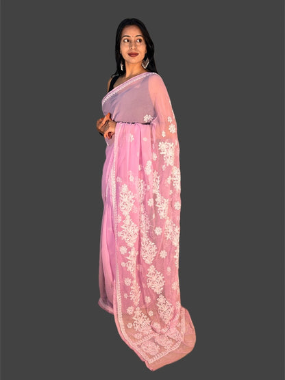 Lucknowi Chikankari Pink Georgette Saree (With Blouse)-S00011