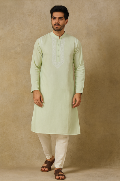 Lucknowi Chikankari Green 'Bahar' Cotton Gents Kurta-GK00027