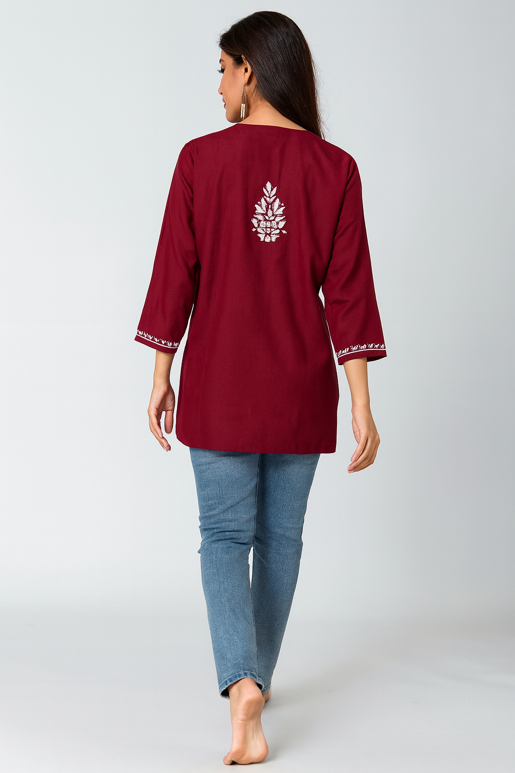 Lucknowi Chikankari Maroon 'Shafaq' Rayon Short Kurti-T80001