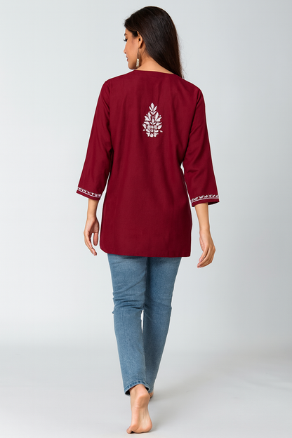 Lucknowi Chikankari Maroon 'Shafaq' Rayon Short Kurti-T80001