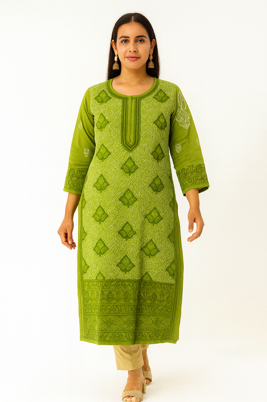 Lucknowi Chikankari Green 'Bahar' Cotton Kurti-K000184
