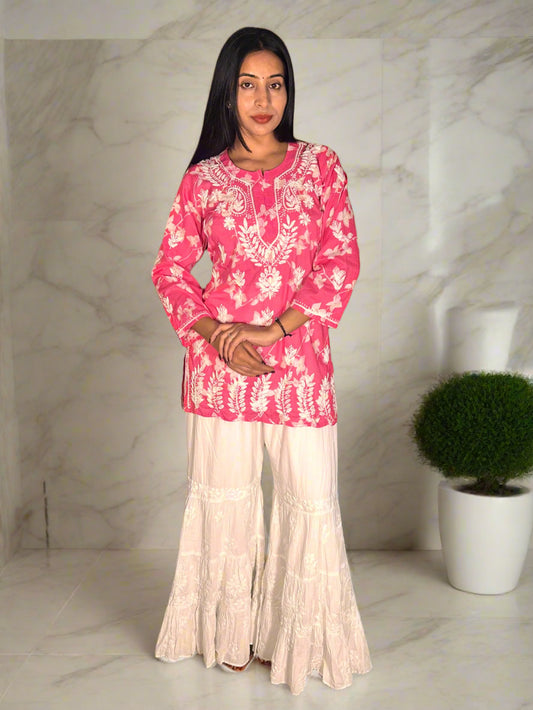 Lucknowi Chikankari Pink Printed Cotton Short Kurti-T000021