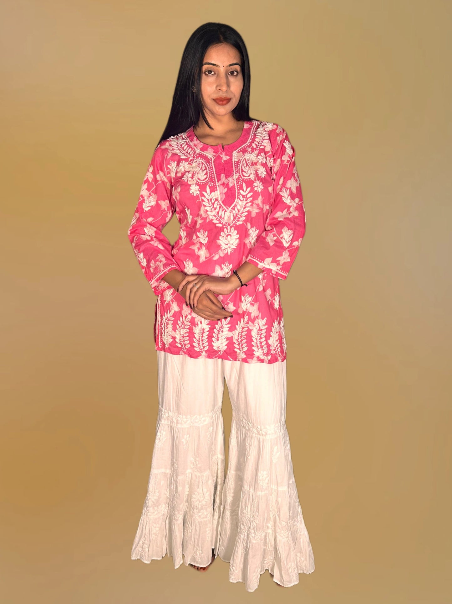 Lucknowi Chikankari Pink 'Shagufta' Printed Cotton Short Kurti-T000021