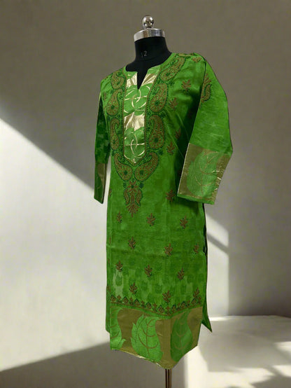 Lucknowi Chikankari Green Chanderi Kurti-PE00007