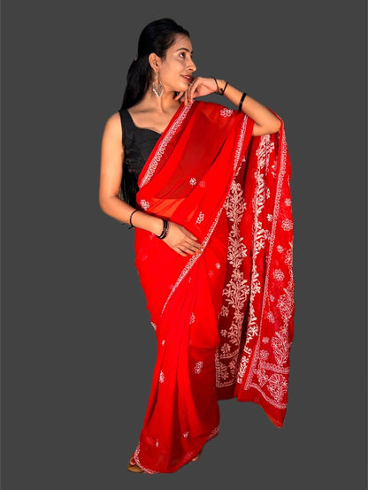 Lucknowi Chikankari Red Georgette Saree (With Blouse)-S00001