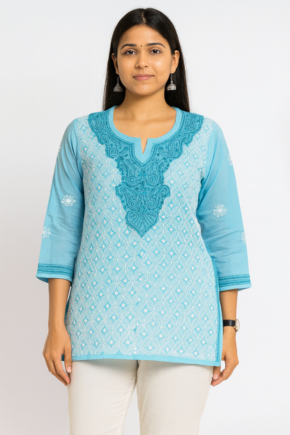 Lucknowi Chikankari Blue 'Aab-e-Asmaan' Cotton Short Kurti-T50027