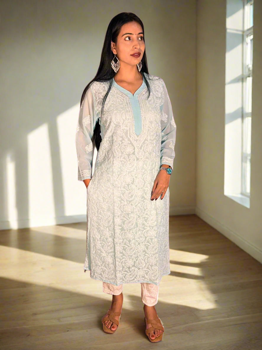 Lucknowi Chikankari Sky Blue Georgette Kurti-K000031