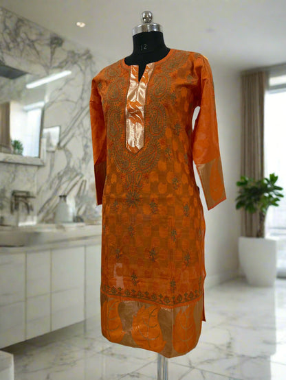 Lucknowi Chikankari Orange Chanderi Kurti-PE00009