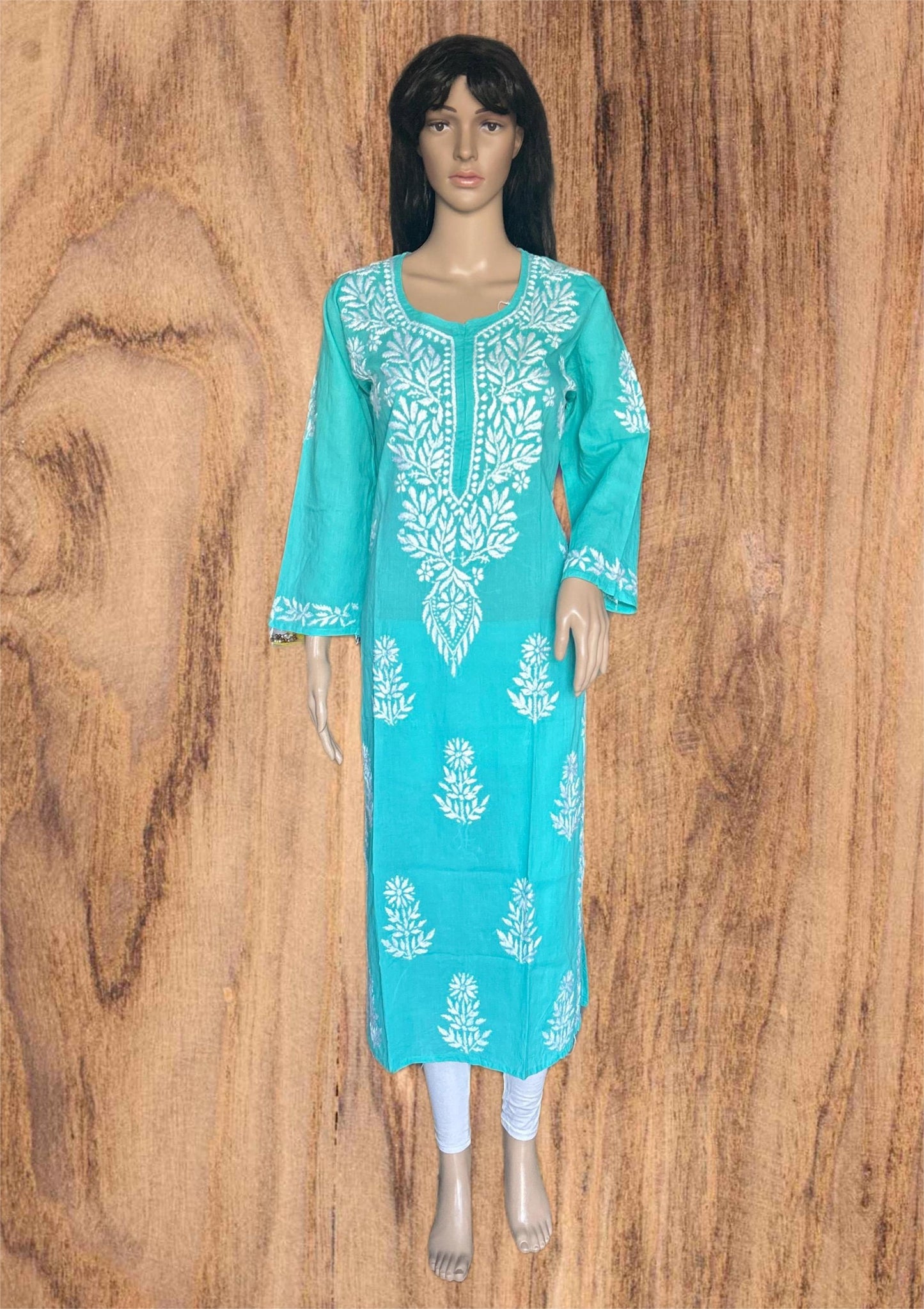 Lucknowi Chikankari Teal Green 'Bahar' Cotton Kurti-K000118