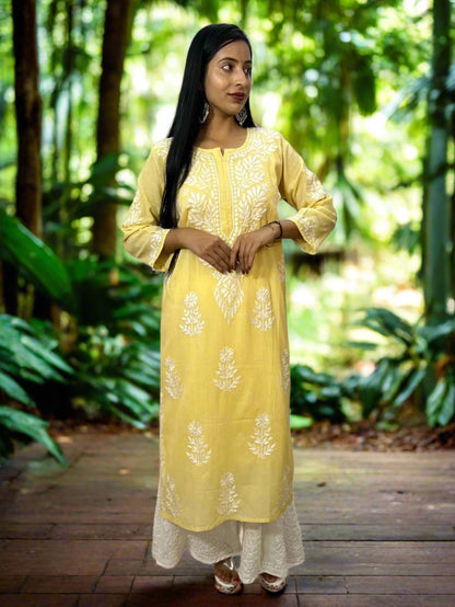 Lucknowi Chikankari Yellow Cotton Kurti-K000107