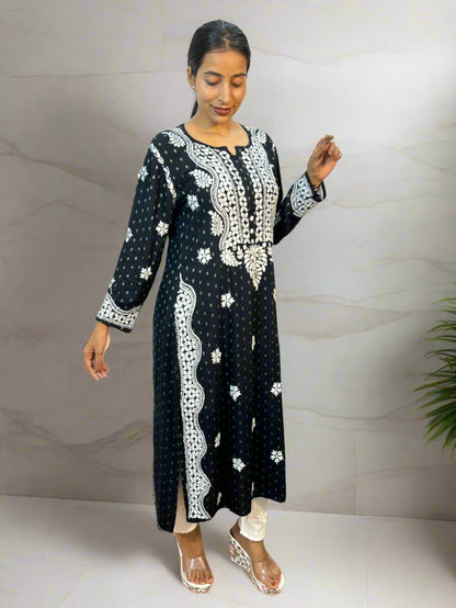 Lucknowi Chikankari Black Rayon Kurti-K000088