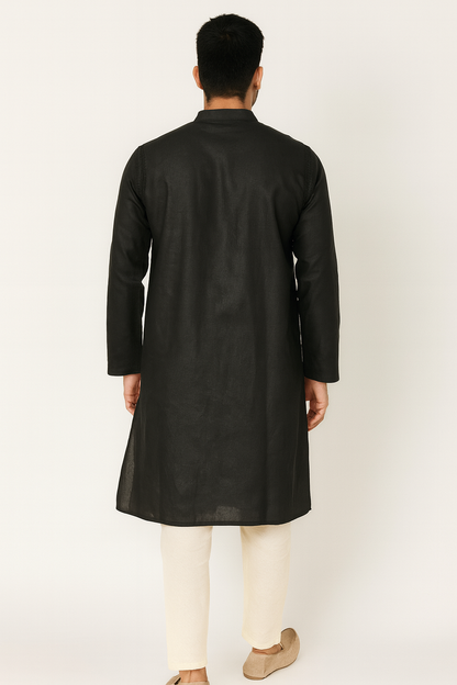 Lucknowi Chikankari Black 'Shab' Cotton Gents Kurta-GK00009