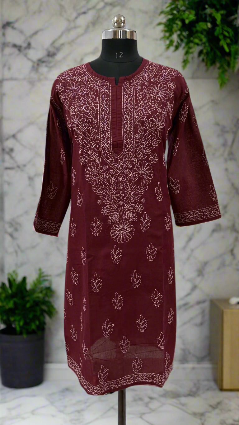 Lucknowi Chikankari Plus Size Maroon Cotton Kurti-Pl100001