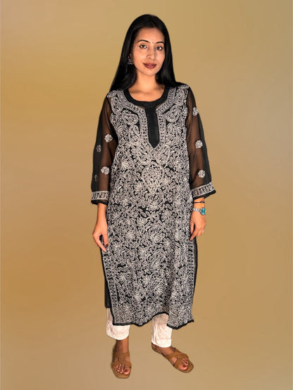 Lucknowi Chikankari Black Georgette Kurti-K000053