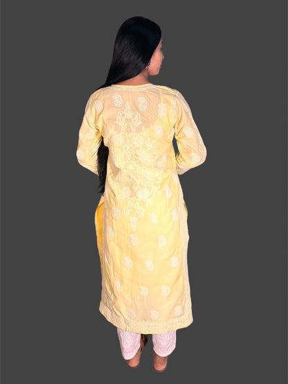 Lucknowi Chikankari Yellow Cotton Kurti-K000054