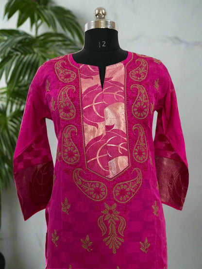 Lucknowi Chikankari Magenta Chanderi Kurti-PE00003