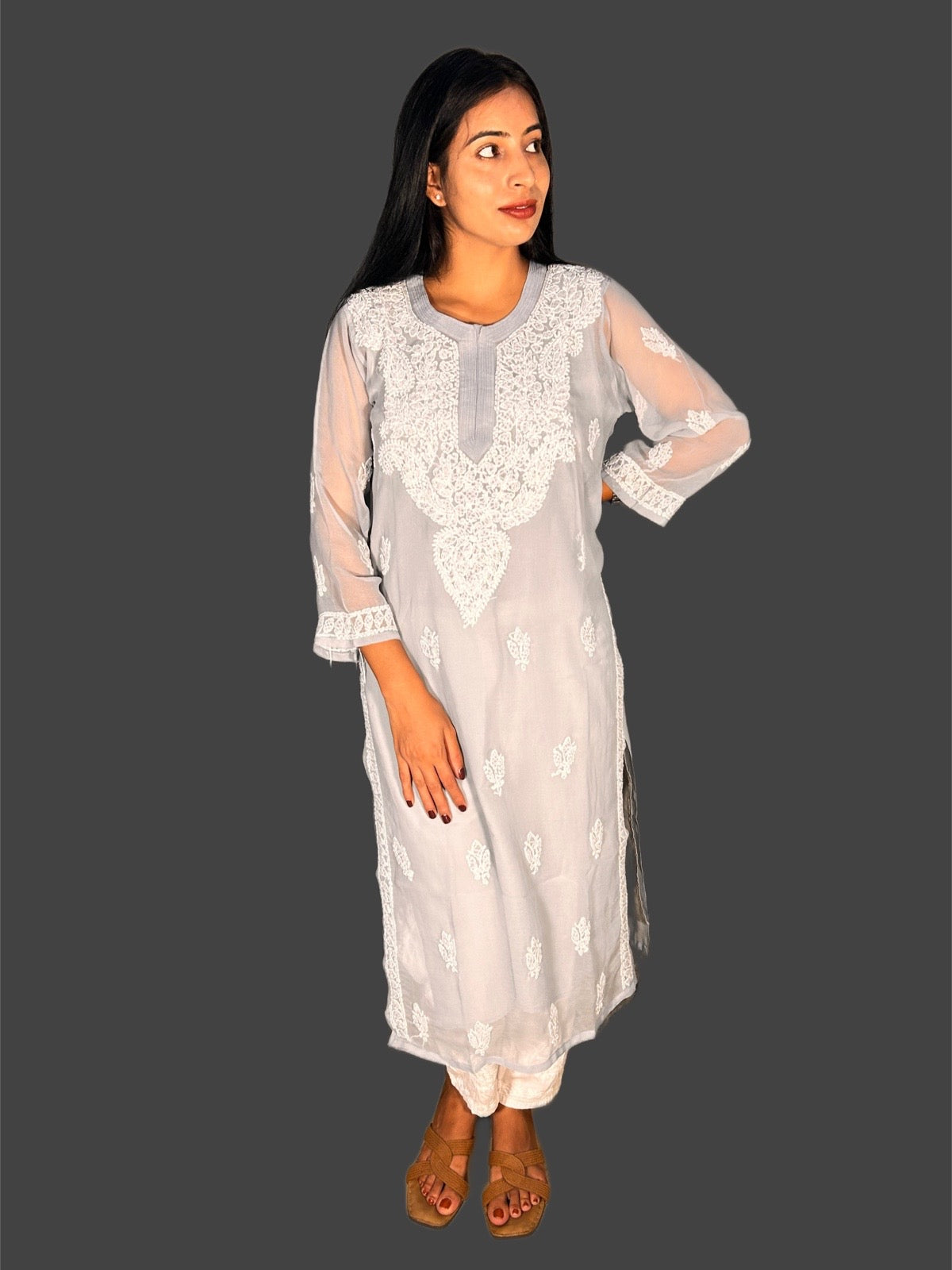 Lucknowi Chikankari Grey Georgette Kurti-K000044