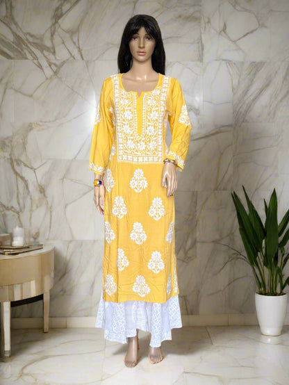 Lucknowi Chikankari Mustard Yellow Modal Kurti-K000099