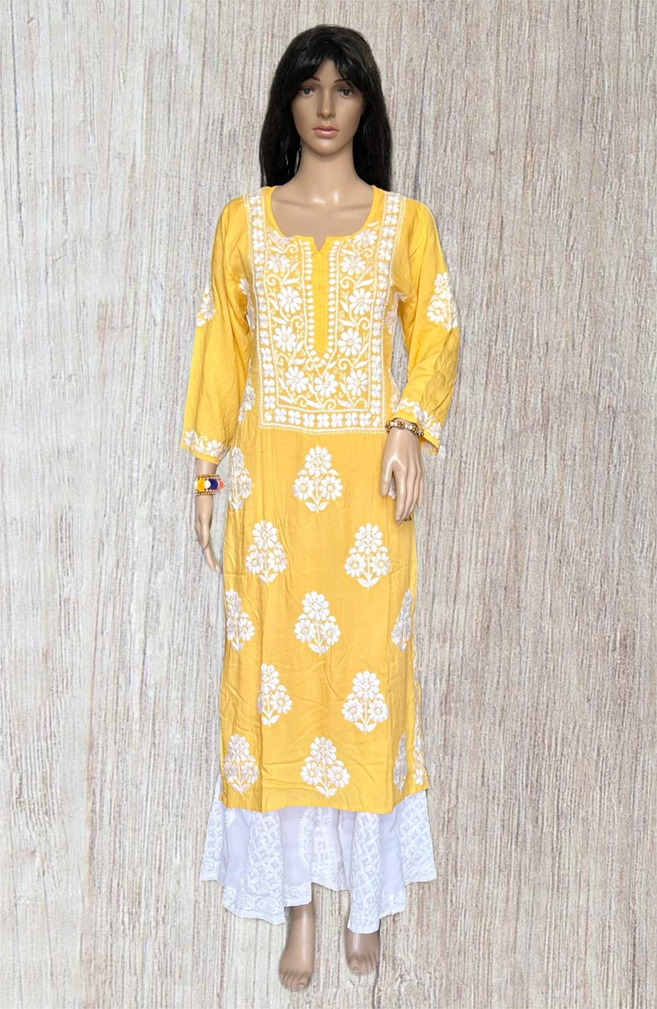 Lucknowi Chikankari Yellow 'Sunehri' Modal Kurti-K000099