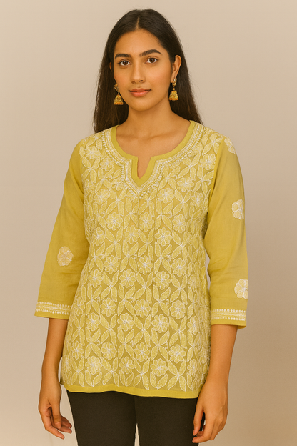 Lucknowi Chikankari Green 'Bahar' Cotton Short Kurti-T50025
