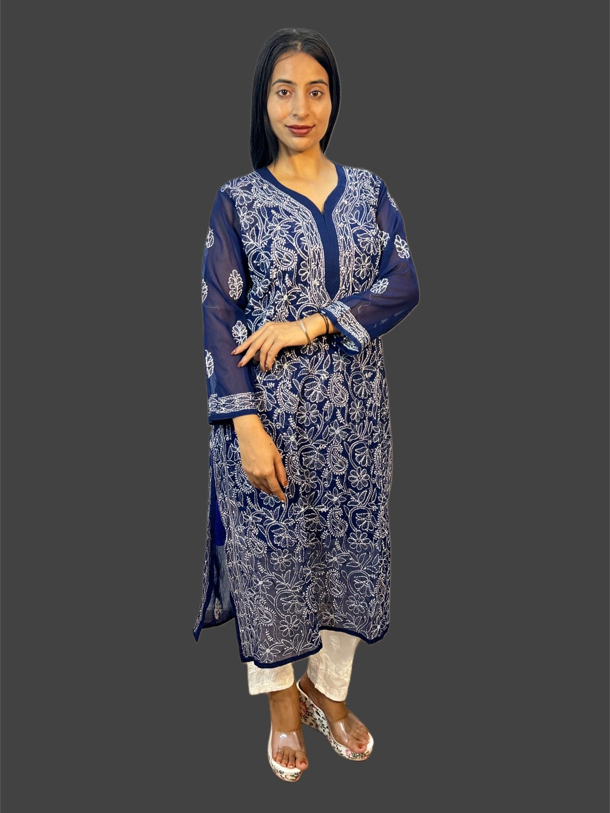 Lucknowi Chikankari Navy Blue Georgette Kurti-K000035