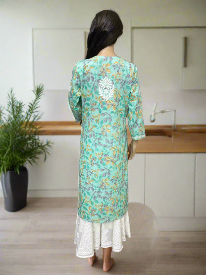 Lucknowi Chikankari Green Printed Cotton Kurti-K000175