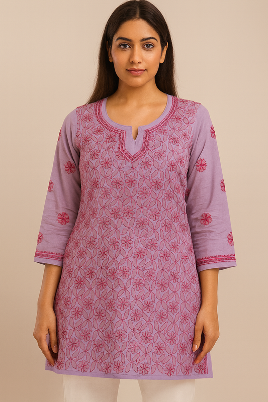 Lucknowi Chikankari Lavender 'Jamuni' Cotton Short Kurti-T50024