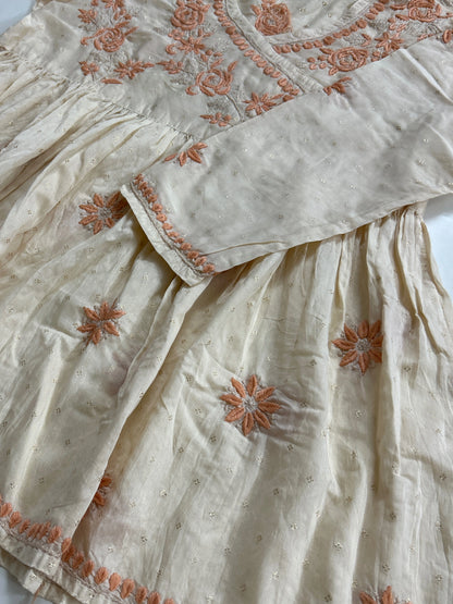 Lucknowi Chikankari Fawn Chanderi Angrakha Styled Short Kurti-T50020