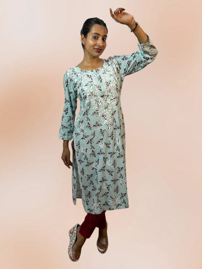 Lucknowi Chikankari Blue 'Aab-e-Asmaan' Printed Rayon Kurti-K30071