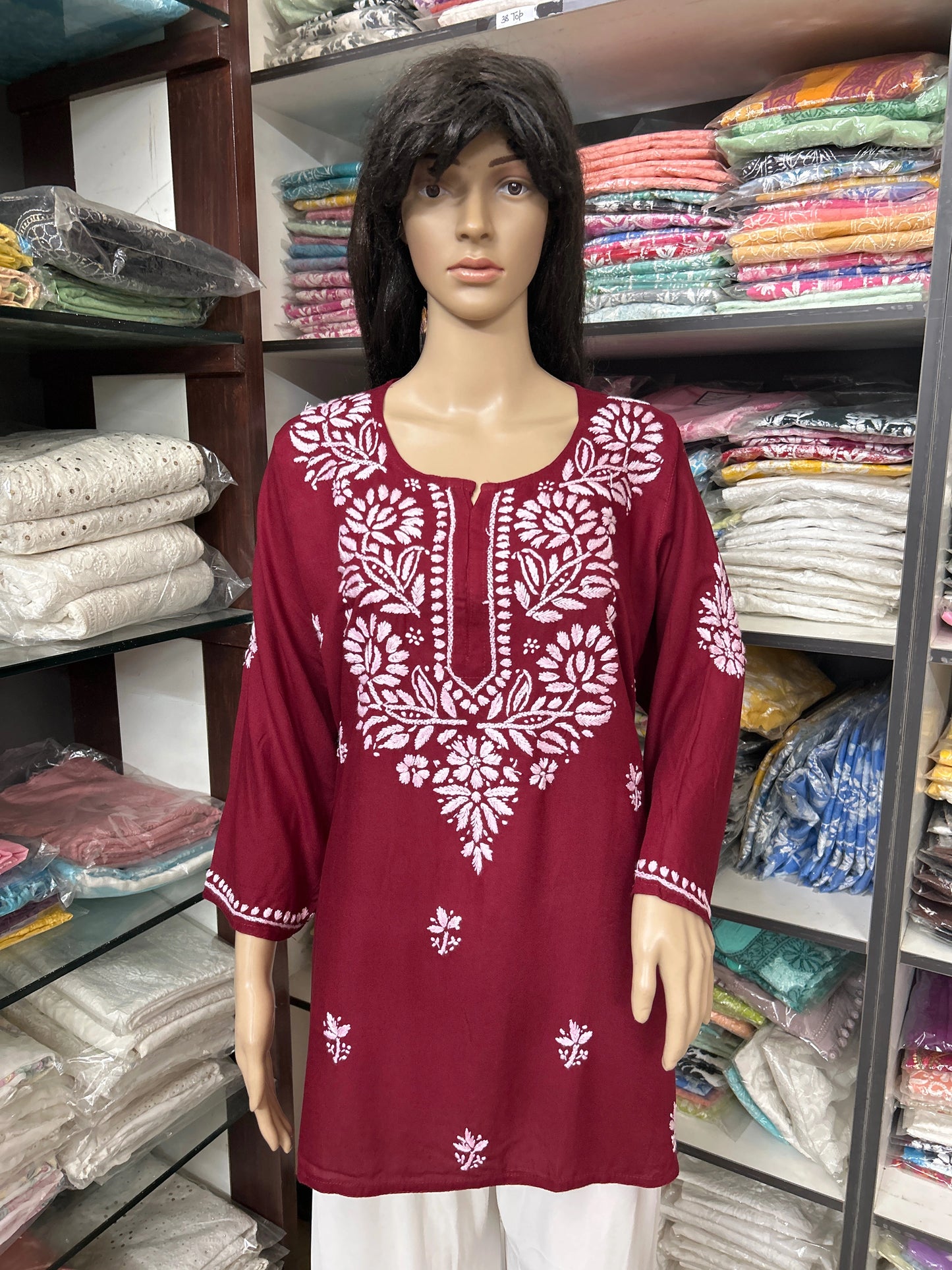 Lucknowi Chikankari Maroon 'Shafaq' Rayon Short Kurti-T80001