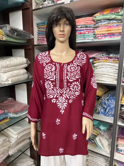 Lucknowi Chikankari Maroon 'Shafaq' Rayon Short Kurti-T80001