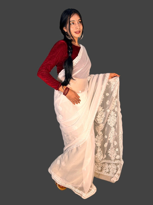 Lucknowi Chikankari White Georgette Saree (With Blouse)-S00013