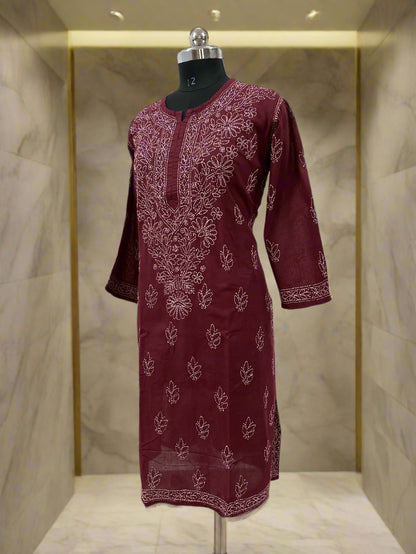 Lucknowi Chikankari Plus Size Maroon Cotton Kurti-Pl100001