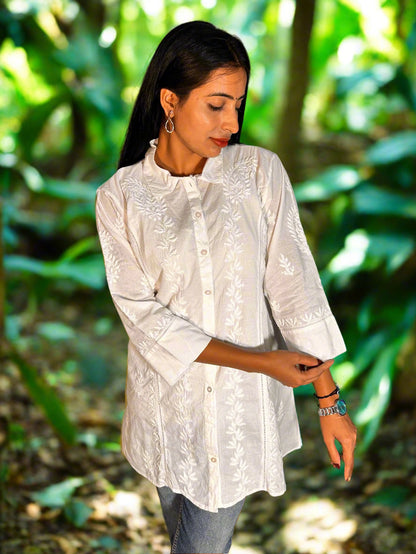 Lucknowi Chikankari White Cotton Shirt-T000041