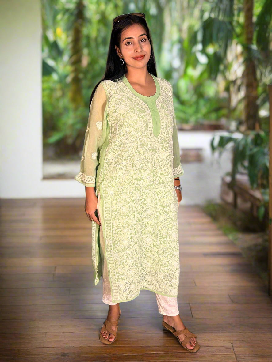 Lucknowi Chikankari Light Green Georgette Kurti-K000068